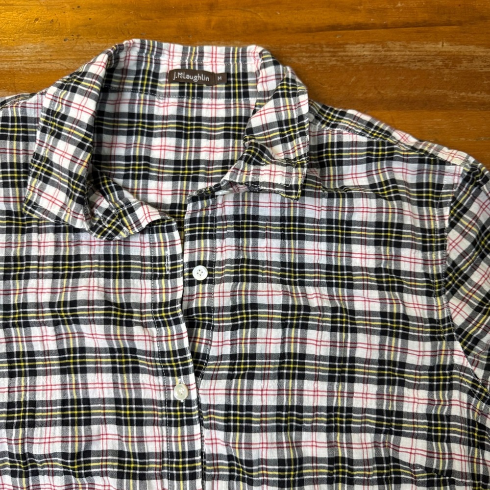 J.McLaughlin Womens Plaid Button Down‎ Shirt Crinkle Cotton Long Sleeve Top Med